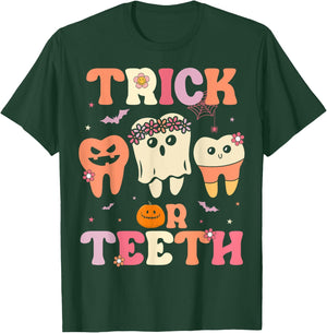 Trick Or Teeth Ghost Groovy Dental Halloween Treat Dentist T-Shirt - T-Shirt | Forest