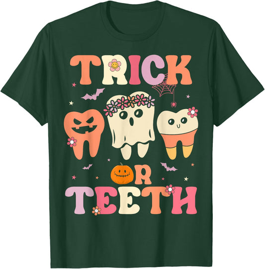 Trick Or Teeth Ghost Groovy Dental Halloween Treat Dentist T-Shirt - T-Shirt | Forest