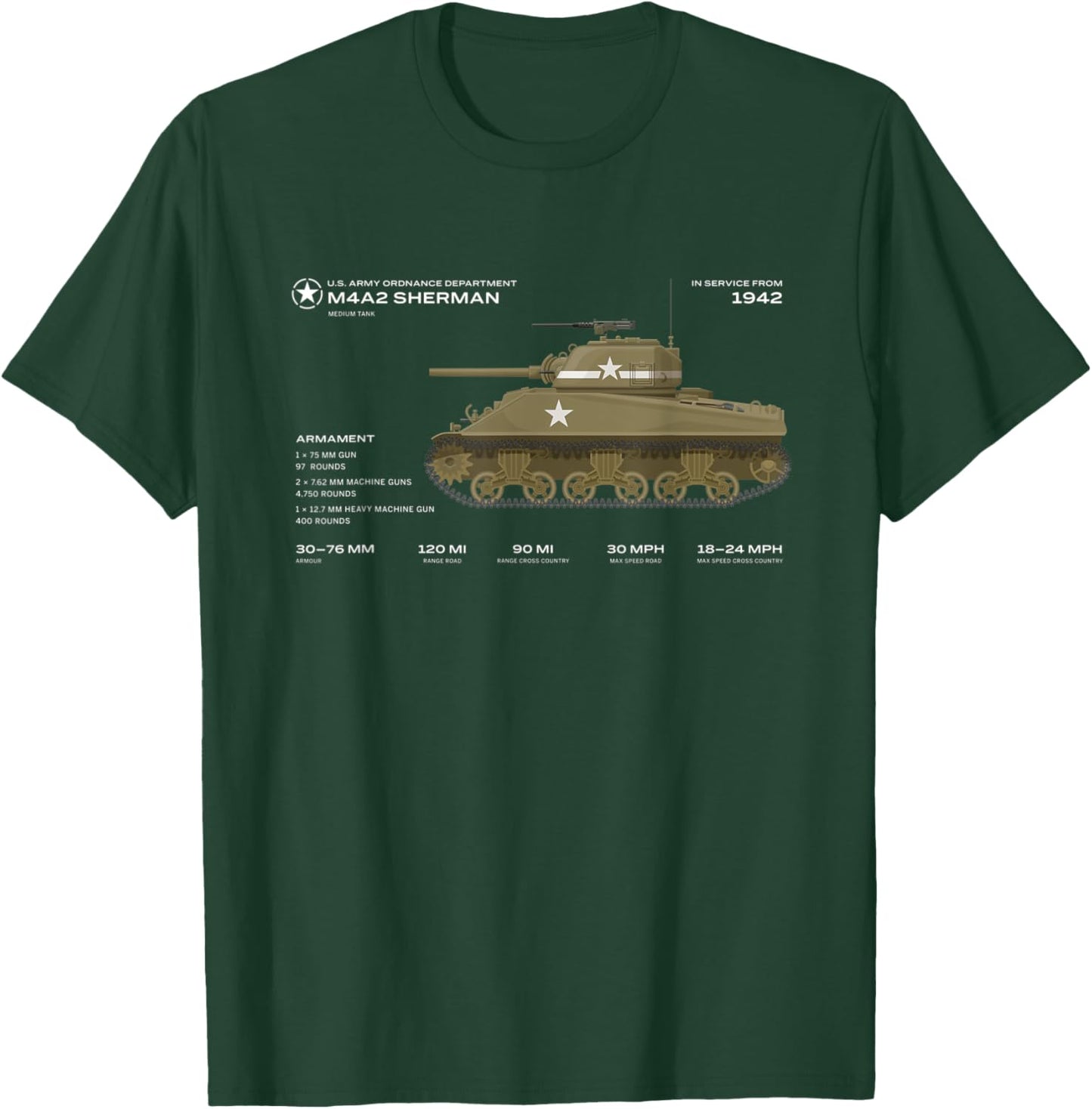 Sherman M4A2 Medium Tank US Army WWII World War Historic T-Shirt - T-Shirt | Forest