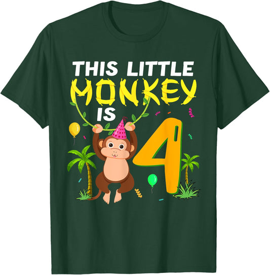 This Little Monkey Is 4 Jungle Safari Animal 4th Birthday T-Shirt - T-Shirt | Forest