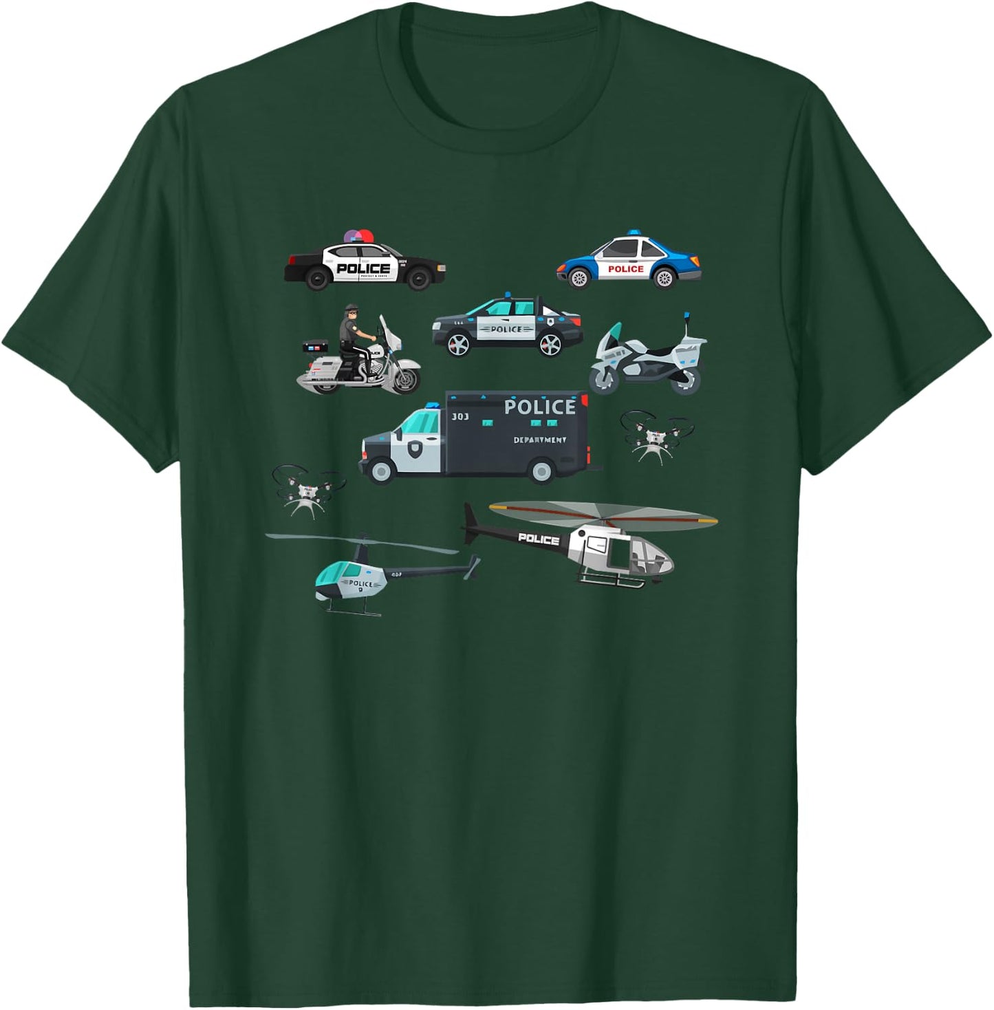 Police Vehicles Cop Cars Helicopter Toddlers Kids Women Men T-Shirt - T-Shirt | Forest