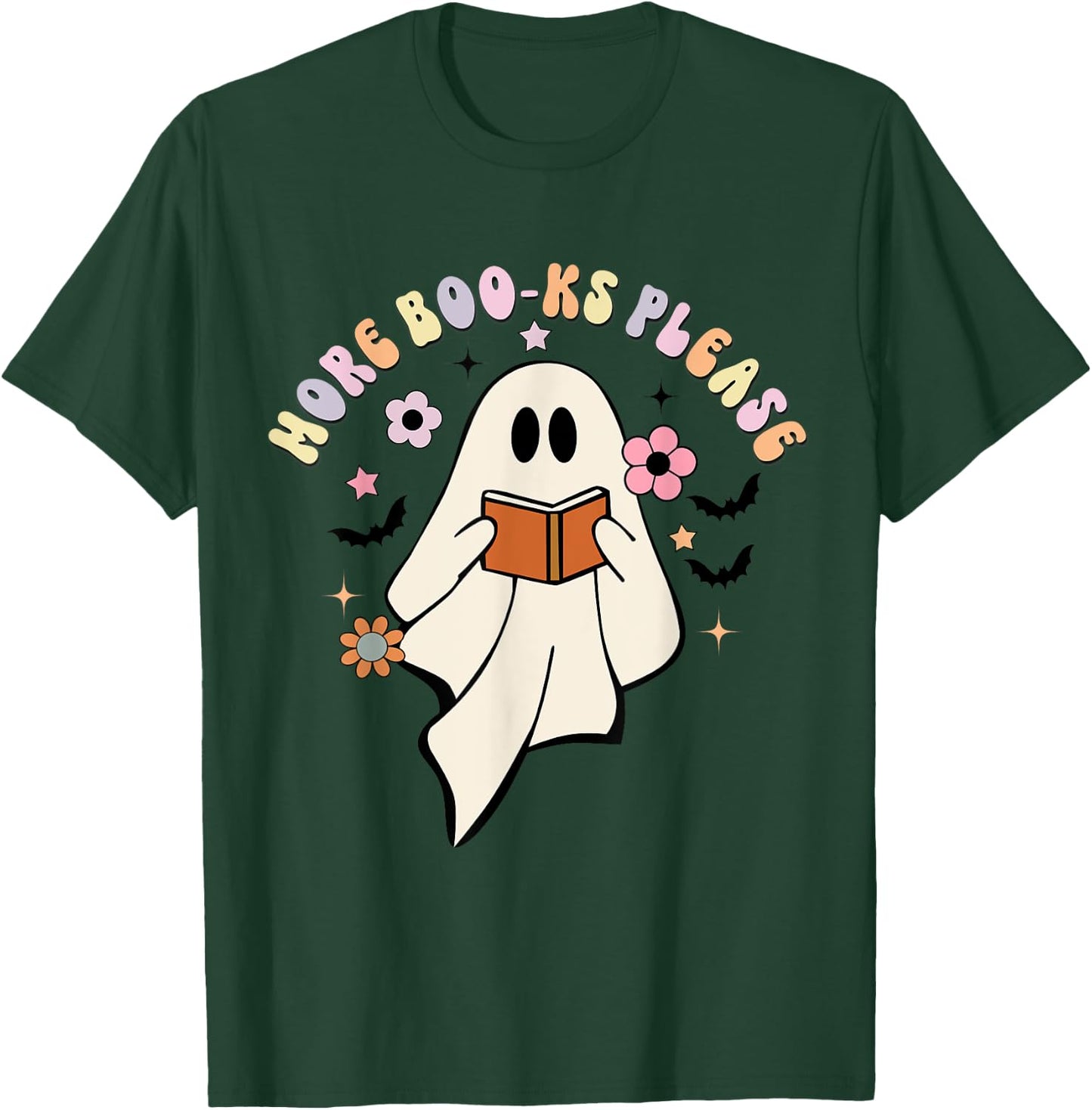 More Boo-ks Please, Retro Cute Ghost Book Reading Halloween T-Shirt - T-Shirt | Forest