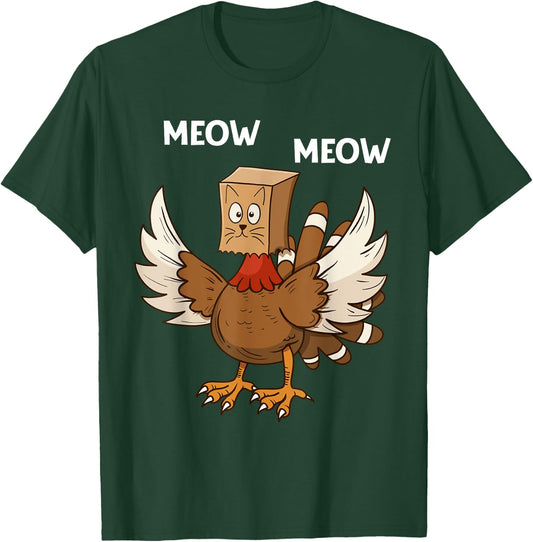 Thanksgiving Cat Funny Fake Cat Meow Thanksgiving Turkey Women Girls Kids T-Shirt - T-Shirt | Forest