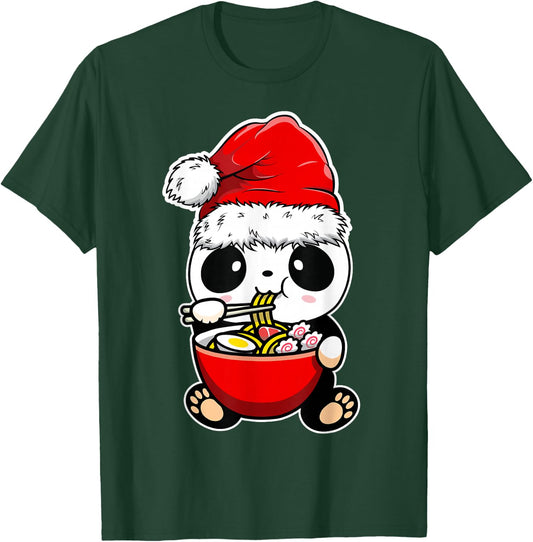 Panda Wearing Santa hat Xmas - Panda Eating Ramen Christmas T-Shirt - T-Shirt | Forest