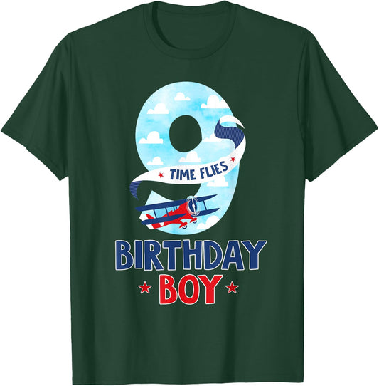 9 Year Old Birthday Outfit Boy Airplane Pilot 9th Bday T-Shirt - T-Shirt | Forest