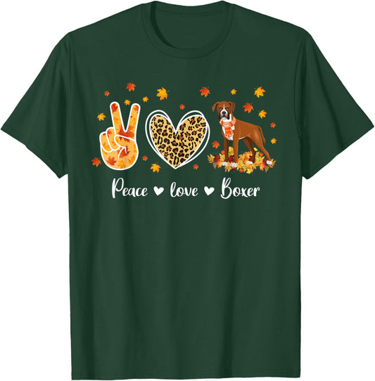 Peace Love Boxer Dog Breed Funny Fall Leaves Thanksgiving T-Shirt - T-Shirt | Forest