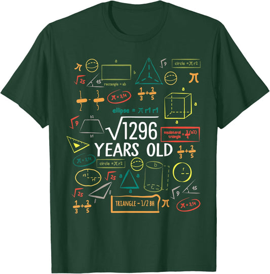 36 Years Old Square Root Math 36th Birthday Men Women T-Shirt - T-Shirt | Forest