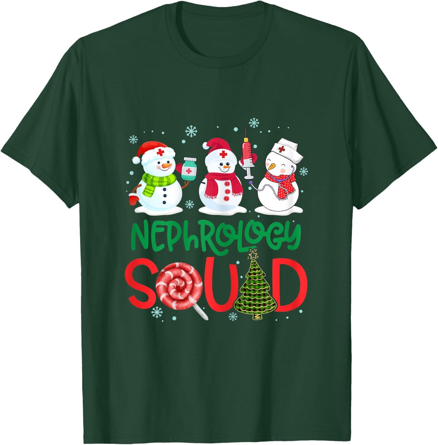 Nephrology Squad Snowmies Nurse Stethoscope Christmas Pine T-Shirt - T-Shirt | Forest