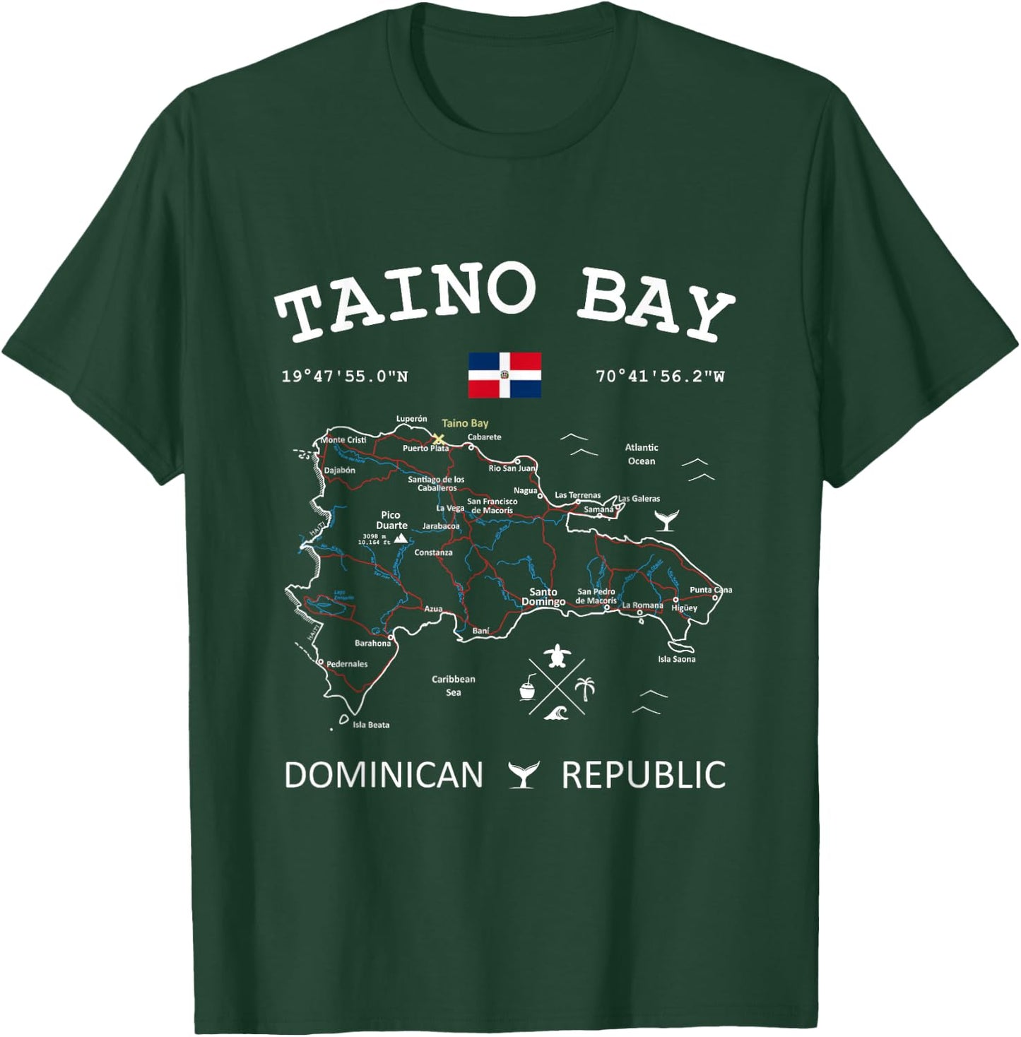 Taino Bay Dominican Republic Flag Travel Map Coordinates T-Shirt - T-Shirt | Forest