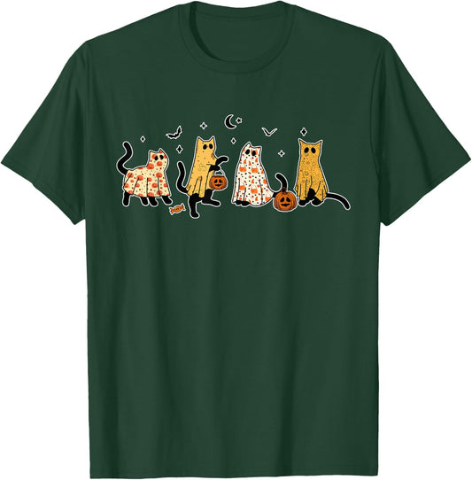 Cute Black Cats in Ghost Costume Women and Men Halloween T-Shirt - T-Shirt | Forest