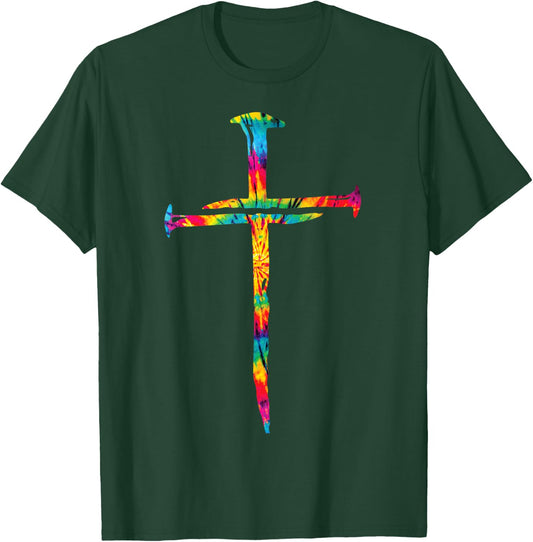 Christian Jesus Nail Cross Tie Dye Rainbow Bible Religious T-Shirt - T-Shirt | Forest