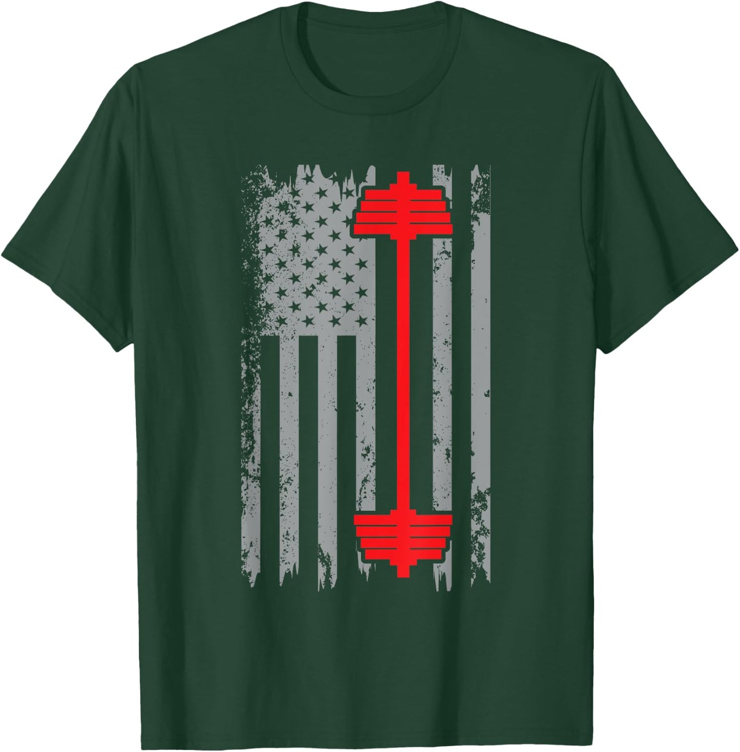 Barbell American Flag Patriotic Weightlifting T-Shirt - T-Shirt | Forest