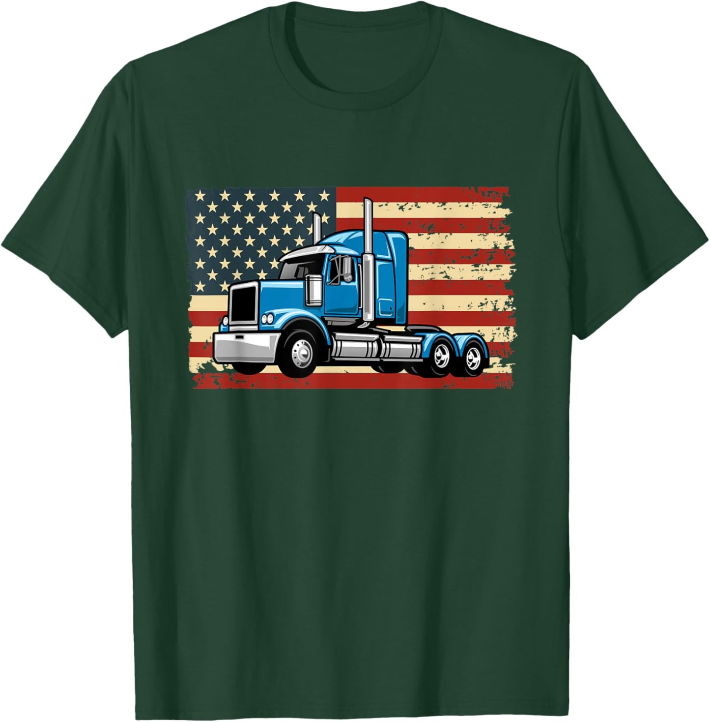 Semi Truck Driver 18 Wheeler Trucker USA American Flag T-Shirt - T-Shirt | Forest