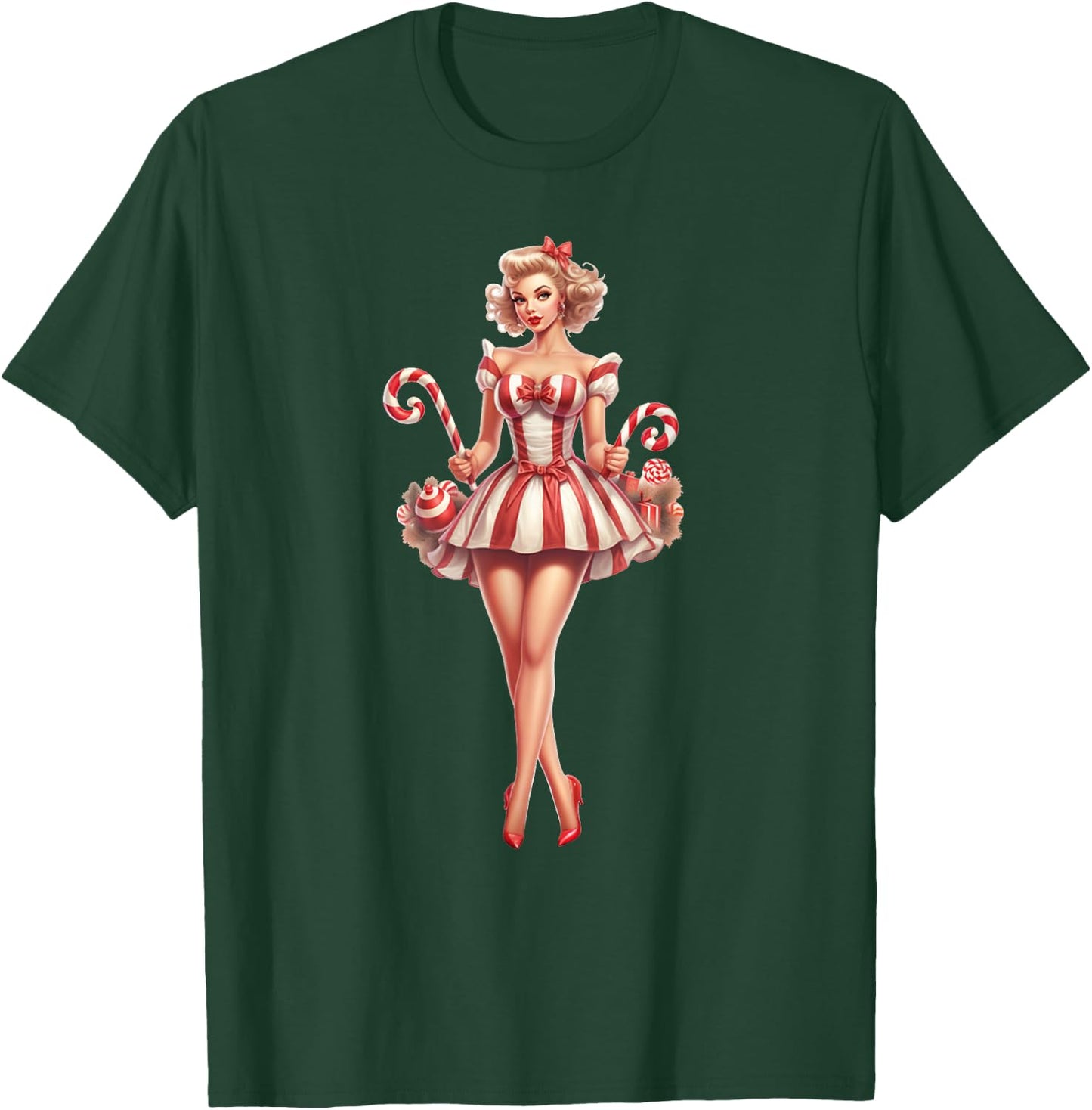 Christmas Pinup Girl With Christmas Candy T-Shirt - T-Shirt | Forest