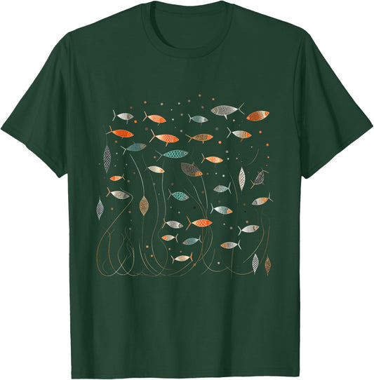 Retro School of Fish - Abstract Boho Mid Century Modern T-Shirt - T-Shirt | Forest