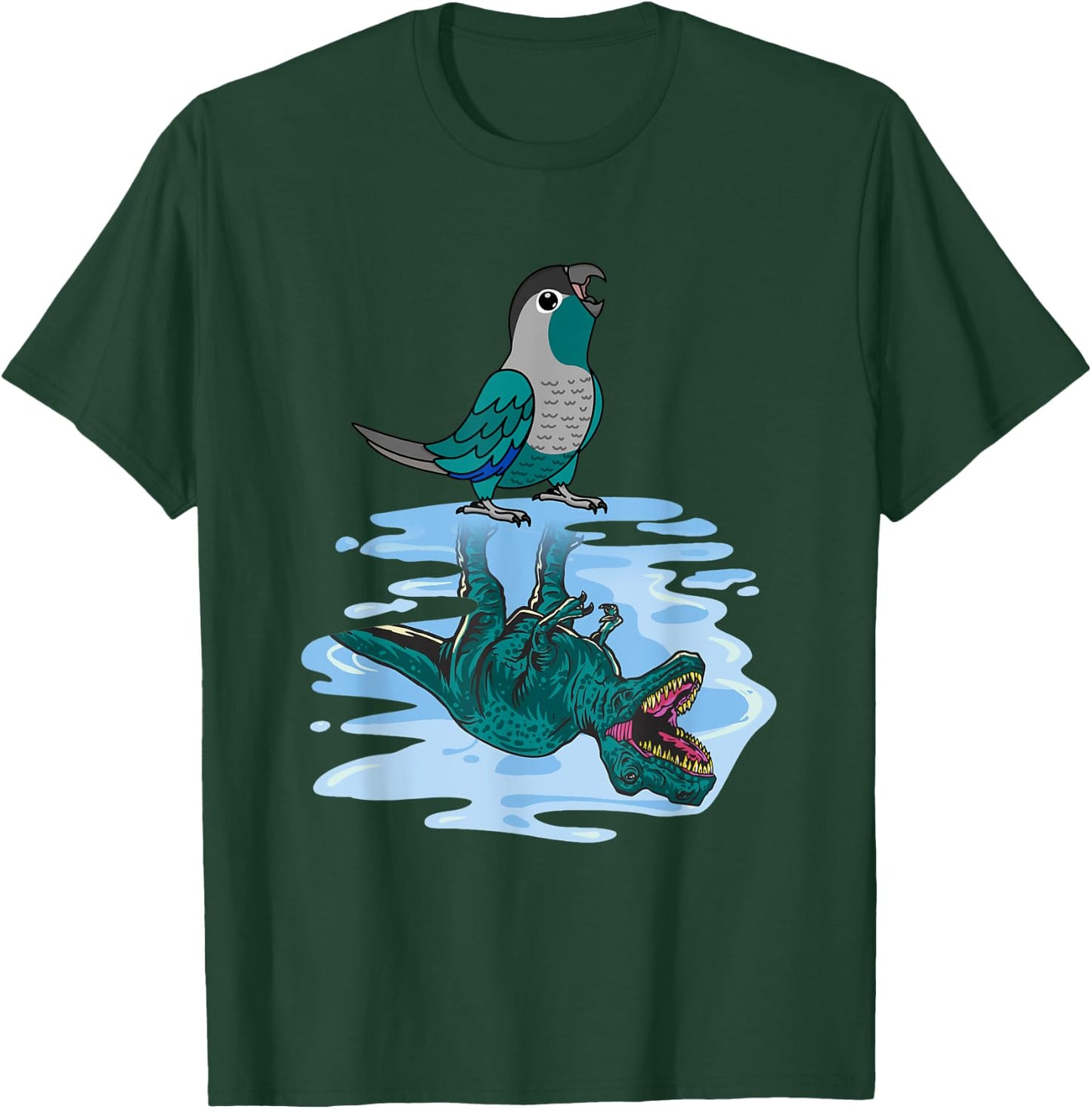 Parrot & T Rex Reflection I Turquoise Green Cheek Conure T-Shirt - T-Shirt | Forest
