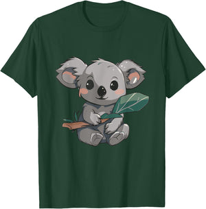 Cute Kawaii Koala Holding Eucalyptus Leaf Japanese Anime T-Shirt - T-Shirt | Forest