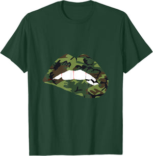 Camouflage Lips Camo Lipstick Kiss Mouth Army T-Shirt - T-Shirt | Forest