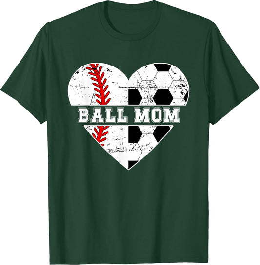 Ball Mom Heart Soccer Baseball Mom Soccer Baseball Mama T-Shirt - T-Shirt | Forest