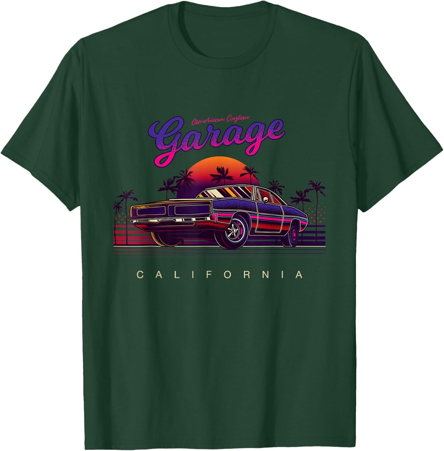 Vintage American Custom Garage, California Cars Graphic T-Shirt - T-Shirt | Forest