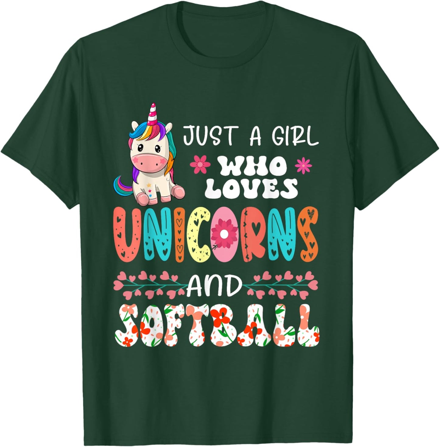 Just A Girl Who Loves Unicorns And Softball Floral Unicorn T-Shirt - T-Shirt | Forest