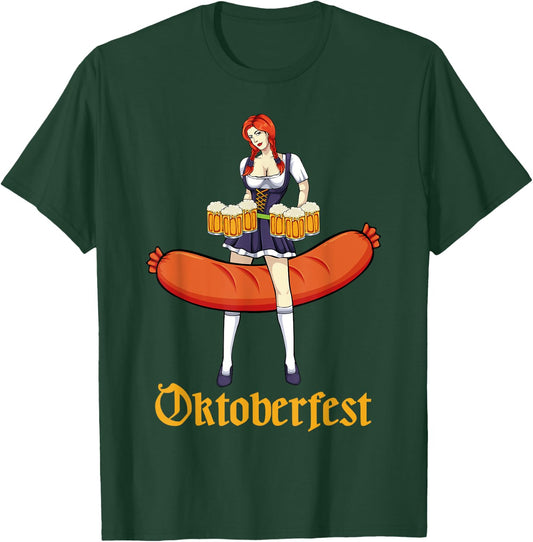 Barmaid Oktoberfest Cute German Woman Dirndl Bratwurst Beer T-Shirt - T-Shirt | Forest