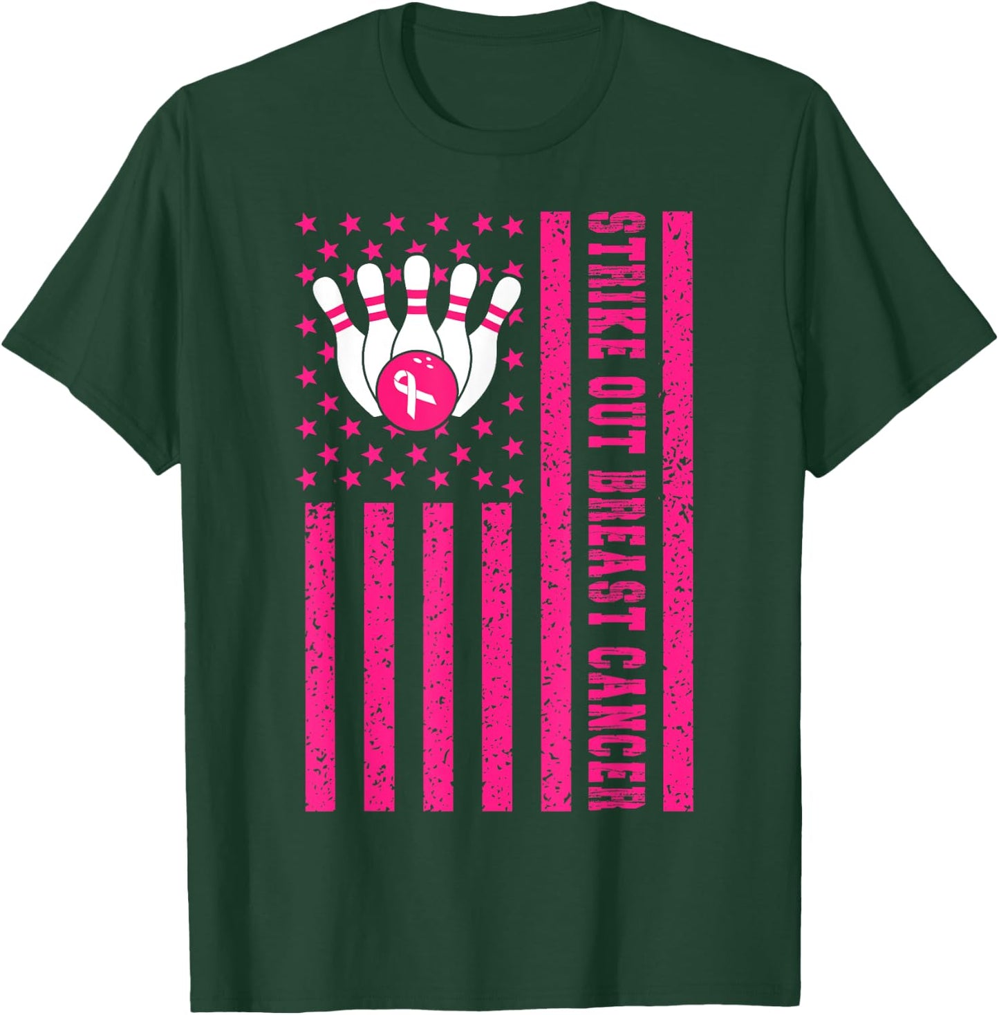 Strike Out Bowling Ribbon USA Flag Breast Cancer Awareness T-Shirt - T-Shirt | Forest