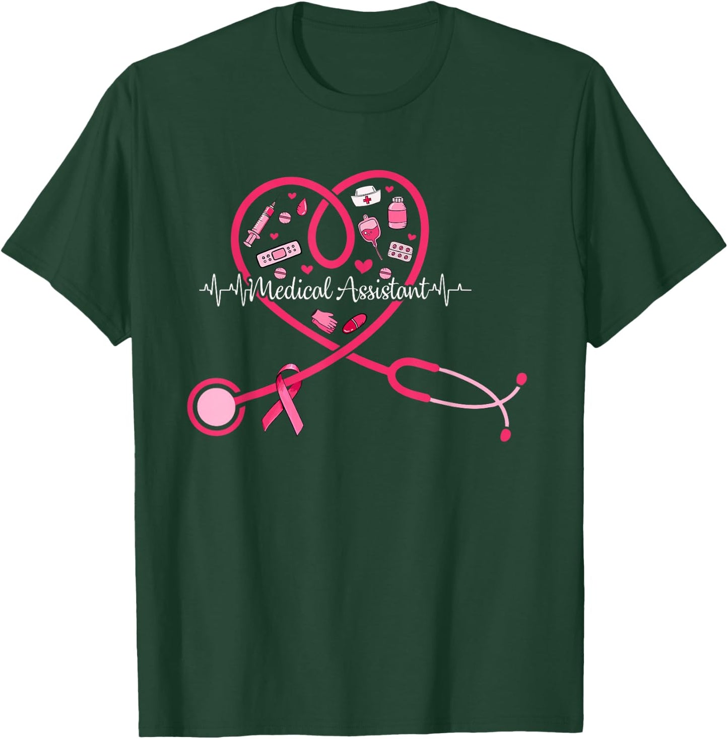 Medical Assistant Pink Stethoscope Heart Pink Breast Cancer T-Shirt - T-Shirt | Forest
