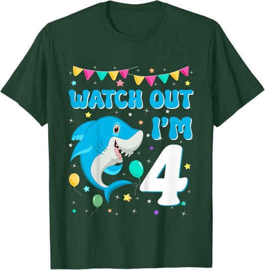 Kids Watch Out Shark I'm 4 Years Old Birthday Boy Back to School T-Shirt - T-Shirt | Forest