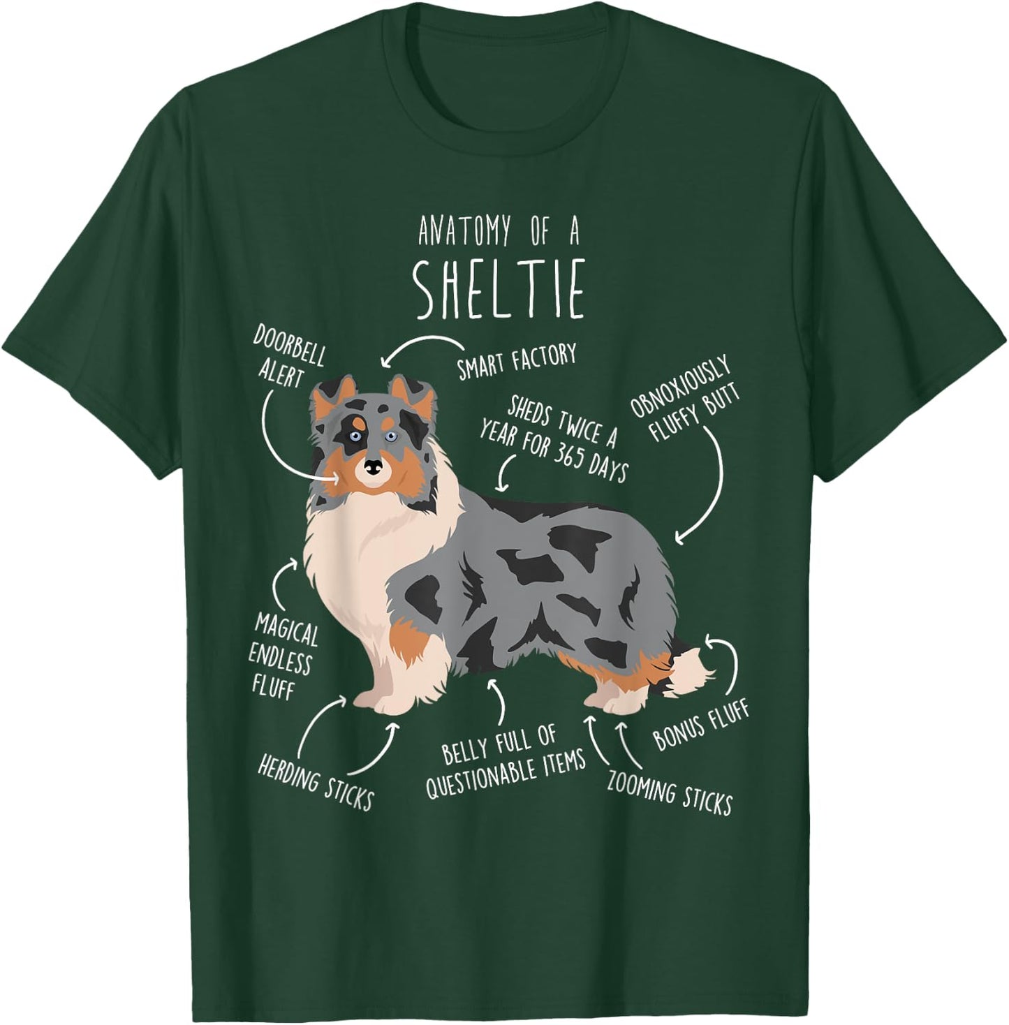 Blue Merle Sheltie Shetland Sheepdog Anatomy, Funny Cute Dog T-Shirt - T-Shirt | Forest