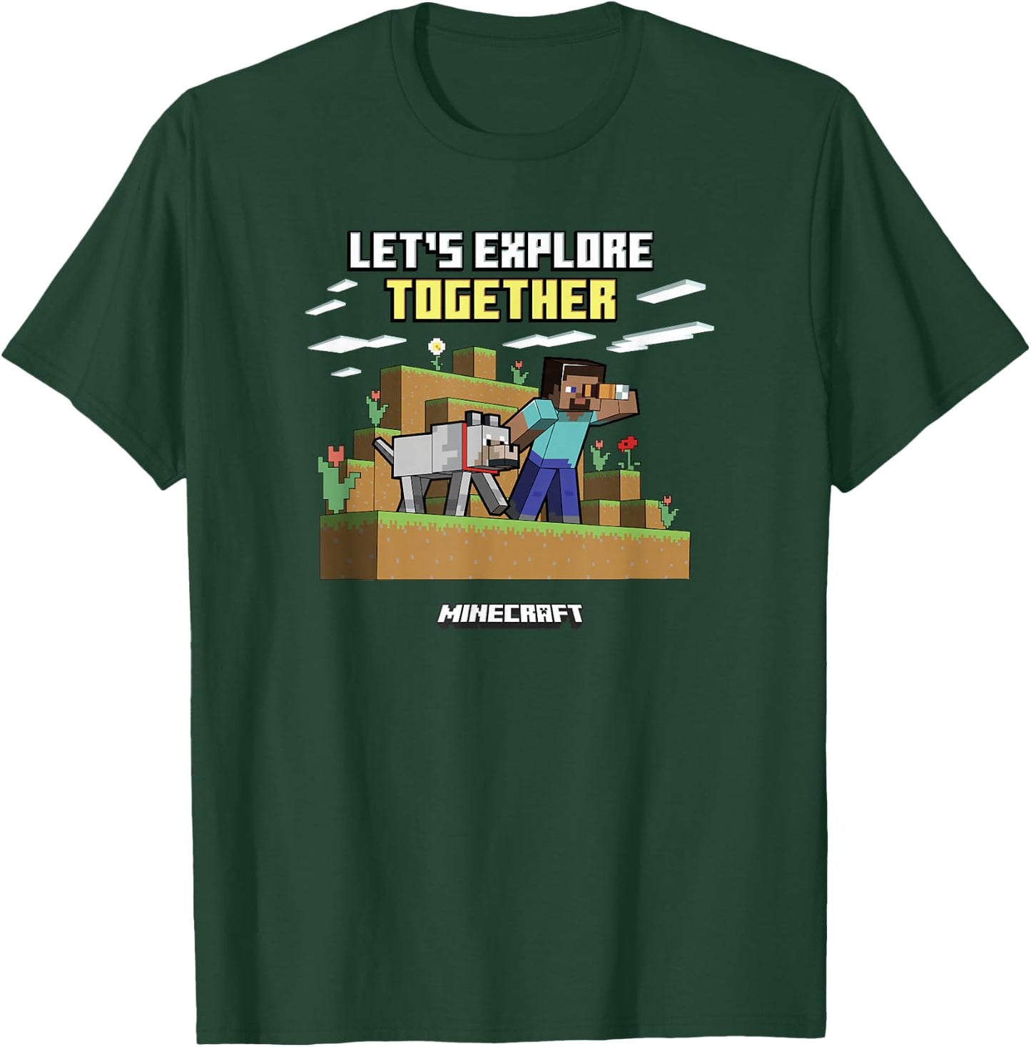 Minecraft Valentine's Day Let's Explore Together Steve Wolf T-Shirt - T-Shirt | Forest