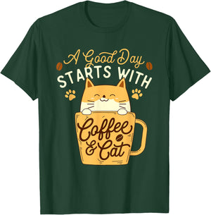 A Good Day Starts With Coffee & Cat - Pet Lover Veterinarian T-Shirt - T-Shirt | Forest