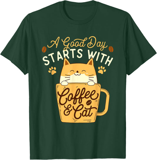 A Good Day Starts With Coffee & Cat - Pet Lover Veterinarian T-Shirt - T-Shirt | Forest