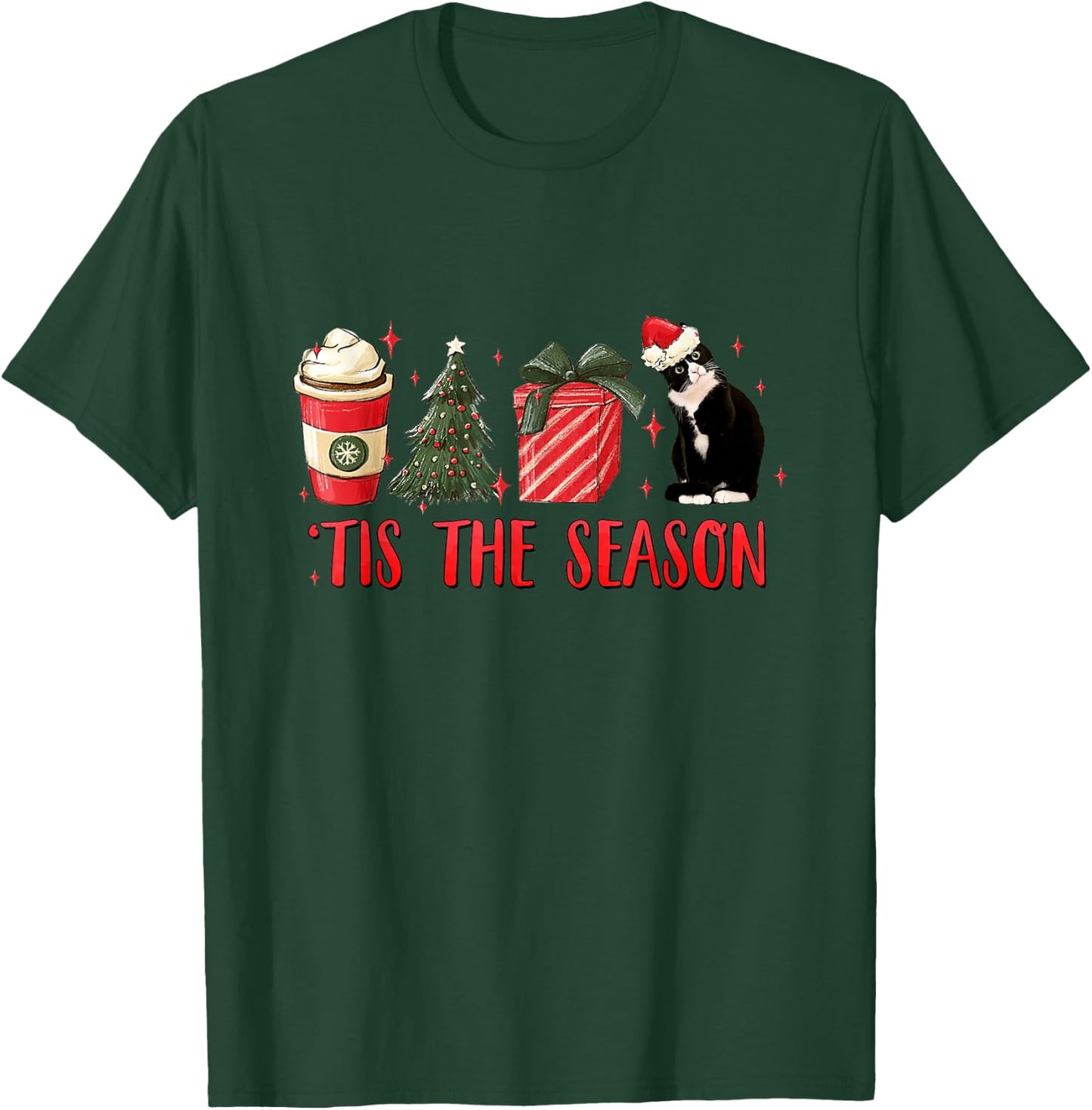 Tis The Season Christmas Tree Coffee Tuxedo Cat Santa Hat Women Kids T-Shirt - T-Shirt | Forest