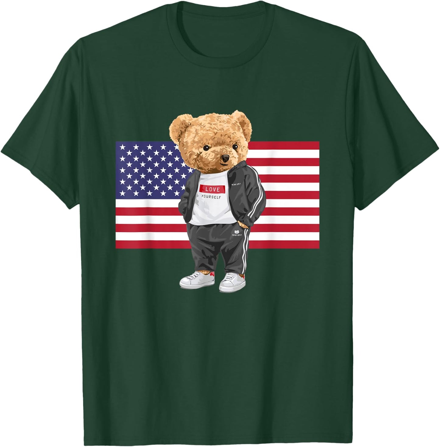 Cool USA Teddy Bear Illustration Novelty Graphic Designs T-Shirt - T-Shirt | Forest