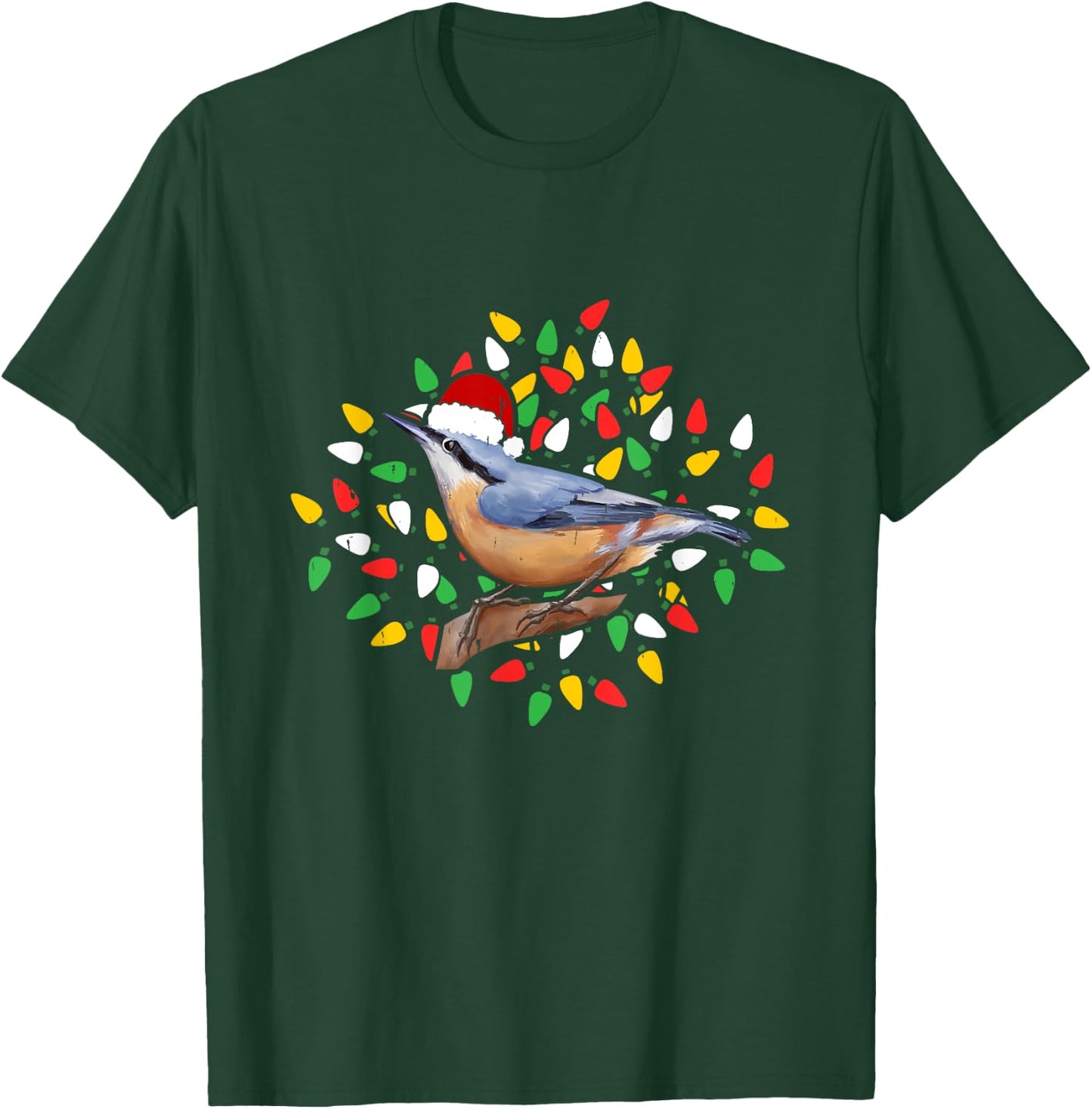 Holiday Xmas Lighting Santa Hat Red Breasted Nuthatch Bird T-Shirt - T-Shirt | Forest