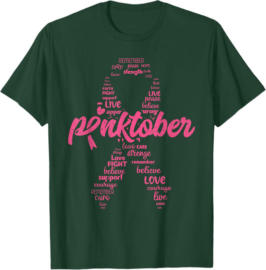 Pinktober Ribbon Breast Cancer Awareness Distressed Style T-Shirt - T-Shirt | Forest