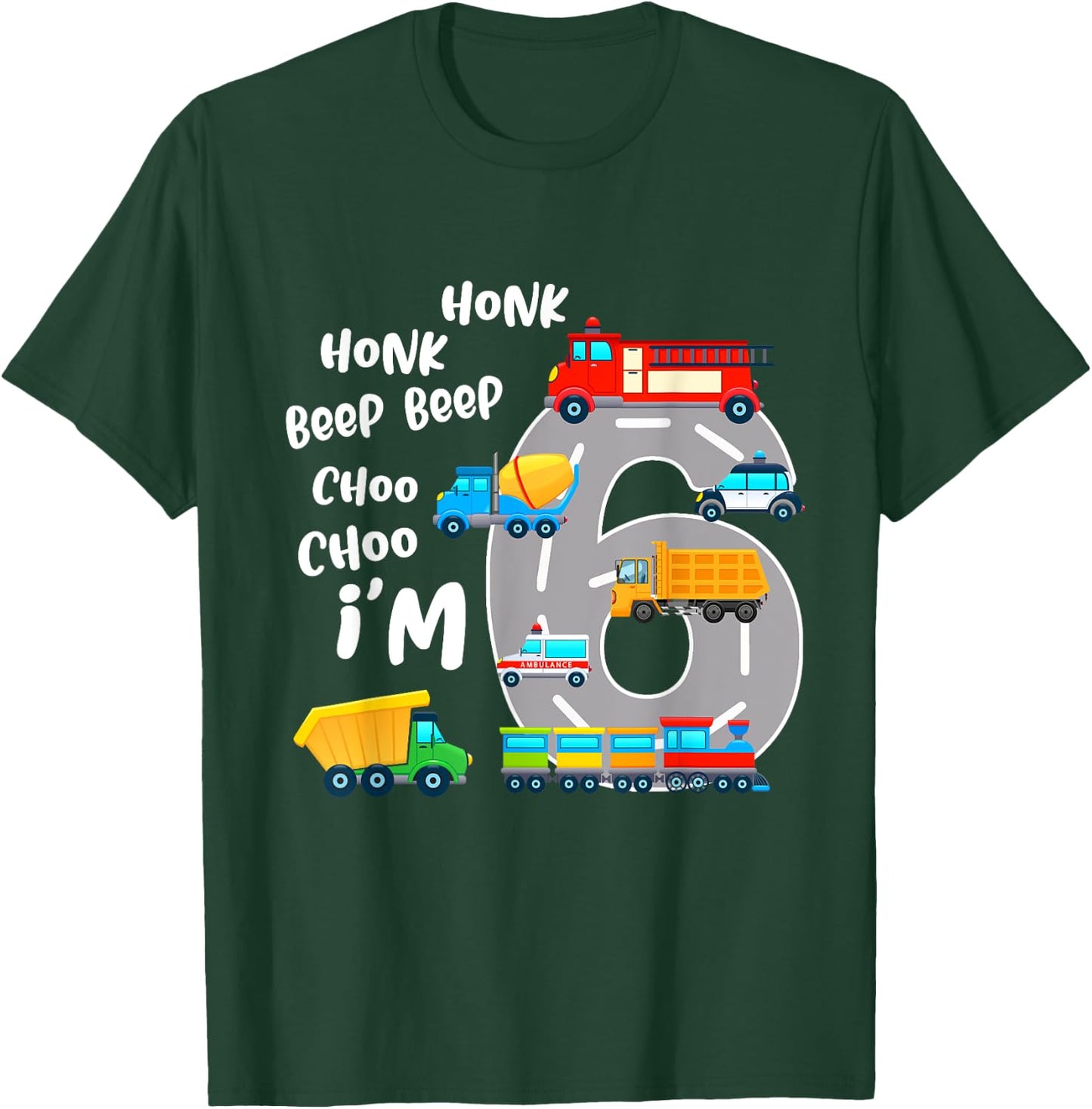 6 Year Old Birthday Transportation 6th Party Kids T-Shirt - T-Shirt | Forest