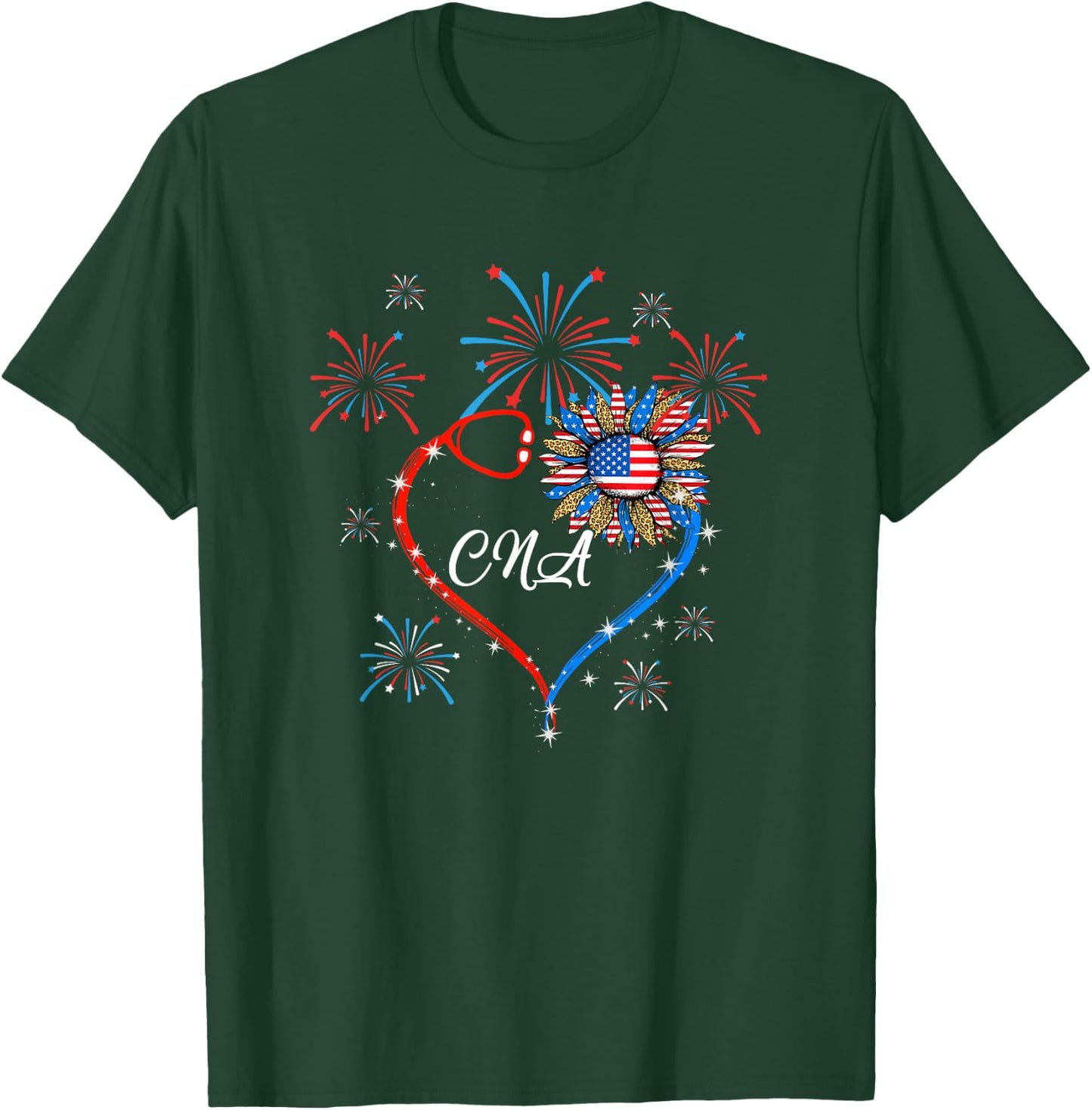Patriotic Cna Nurse 4Th Of July American Flag Sunflower Love T-Shirt - T-Shirt | Forest