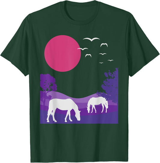 Steppe Landscape Horses Nature Minimalist Design T-Shirt - T-Shirt | Forest