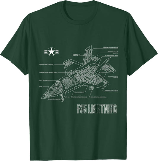 American Aircraft Stealth Fighter F35 lightning blueprint T-Shirt - T-Shirt | Forest