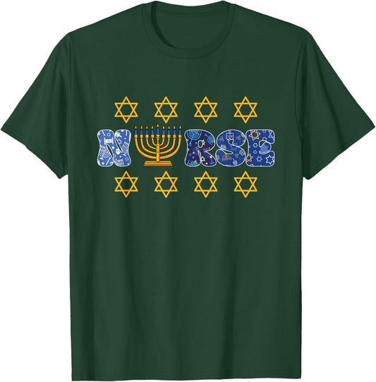 Hanukkah Nurse Chanukah Scrub Top Jewish RN ER ICU Women Men T-Shirt - T-Shirt | Forest