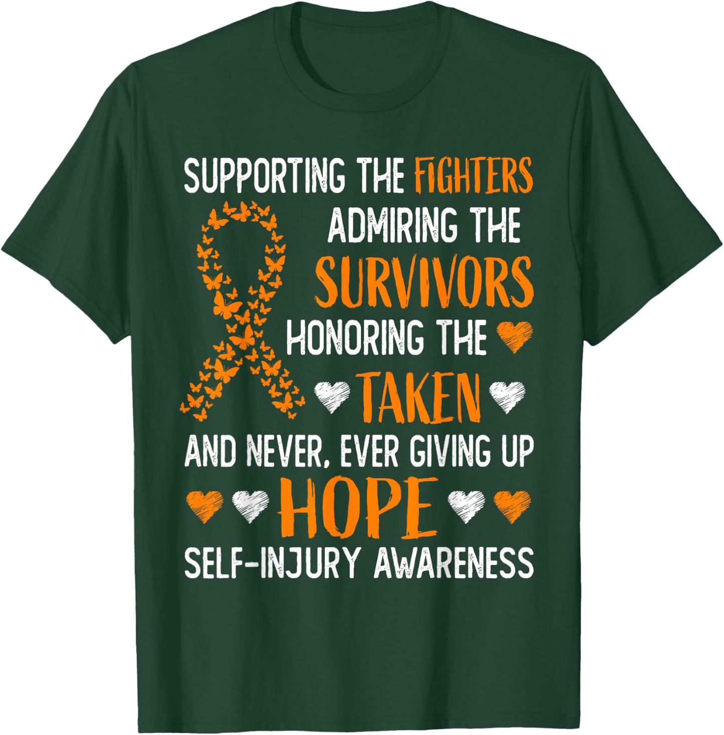 Self-Injury Awareness Gifts Orange Ribbon Survivor Fighter T-Shirt - T-Shirt | Forest