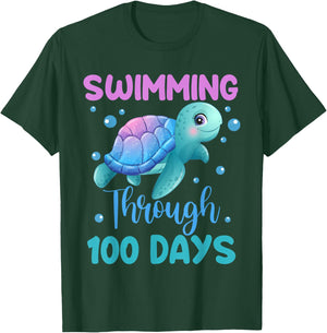 Swimming Through 100 Days Cute Turtle 100th Day Of School T-Shirt - T-Shirt | Forest