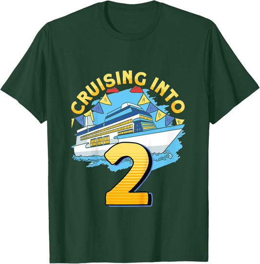 Kids Cruising Boat Cruising Into 2 Birthday Cruise T-Shirt - T-Shirt | Forest