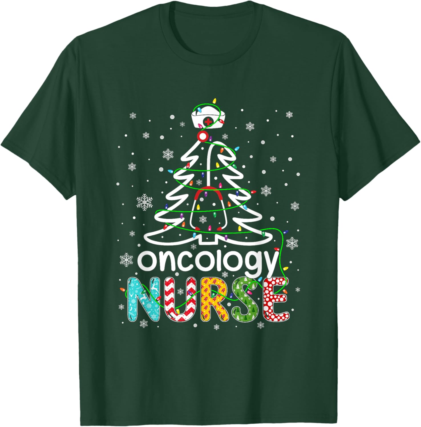 Oncology Nurse Xmas Tree Funny Nursing Christmas Pattern T-Shirt - T-Shirt | Forest