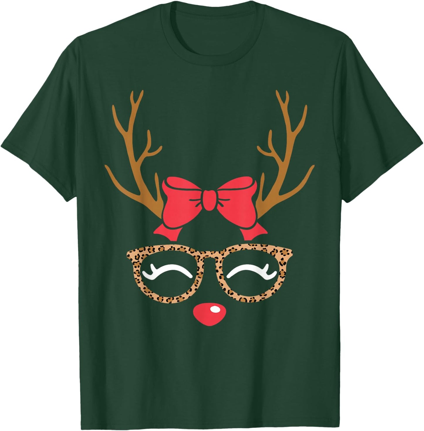 Reindeer Face Bow Leopard Glasses Christmas Girls T-Shirt - T-Shirt | Forest