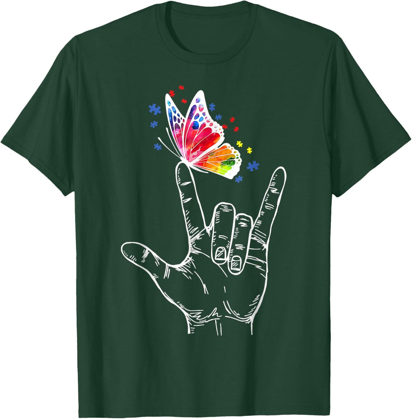 I Love You Hand Sign Language Butterfly Autism Awareness T-Shirt - T-Shirt | Forest