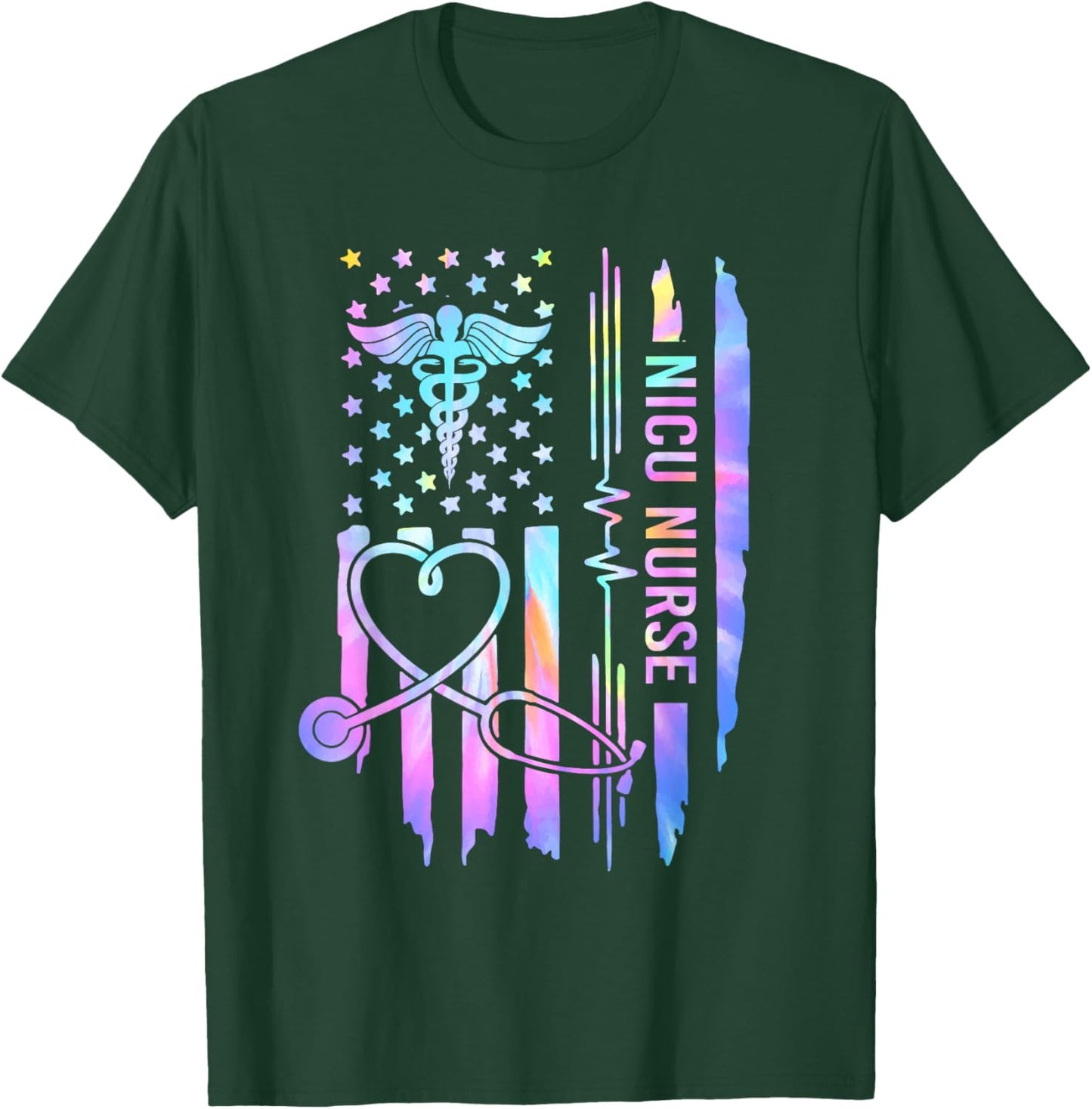Tie Dye NICU Nurse ICU Neonatal USA Flag Team Tiny Humans T-Shirt - T-Shirt | Forest
