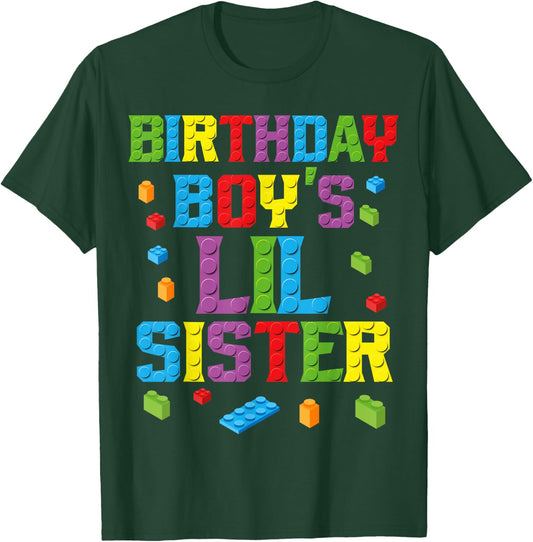 Master Builder Birthday Boy's Lil Sister Building Bricks T-Shirt - T-Shirt | Forest